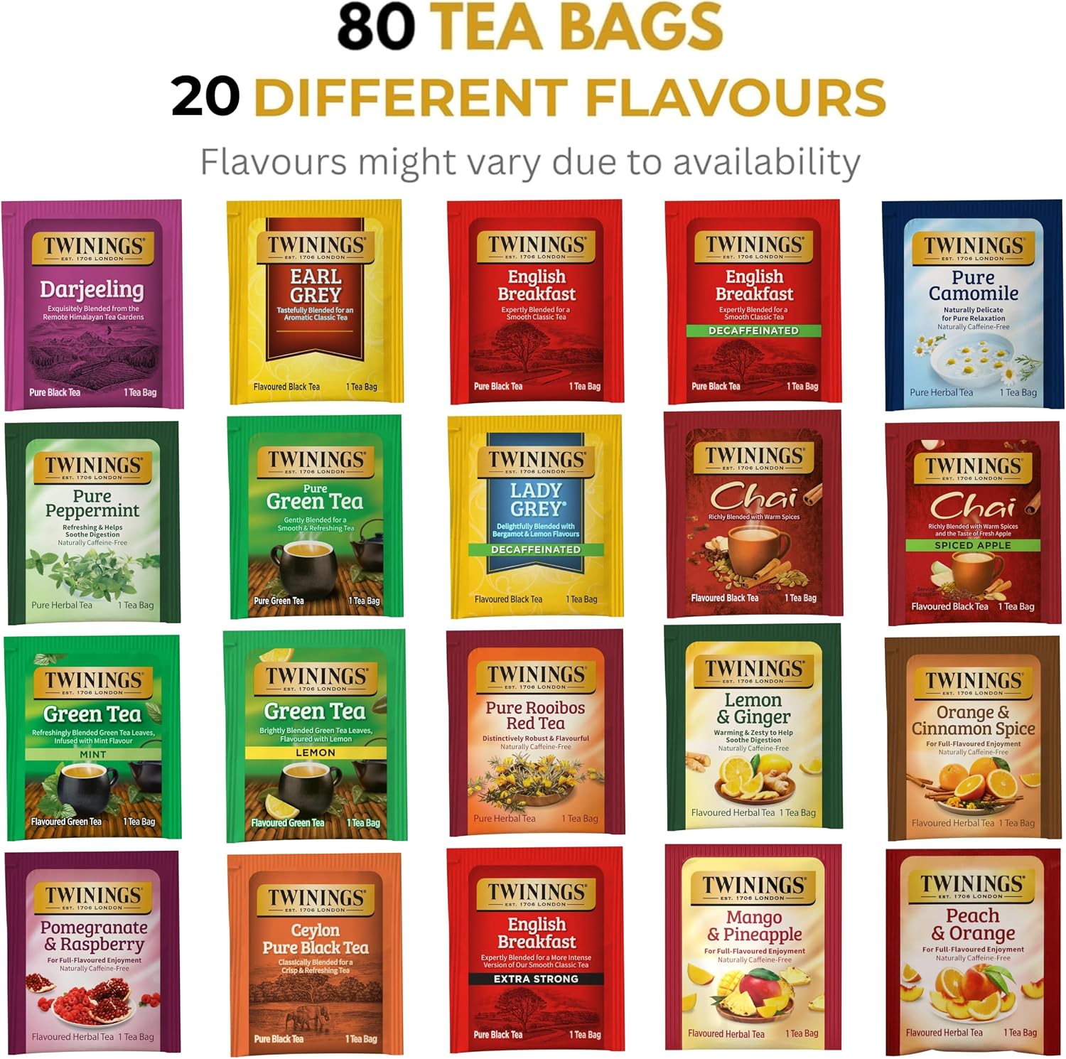 Twinings Tea Sampler Collection – 80 Tea Bags, 20 Flavours/Assorted Tea, Gift Set in Decorative Bamboo Box – Wooden Organizer Tea Chest Included – Ideal for Home, Office, Family & Friends (Bamboo Box) - Image 2