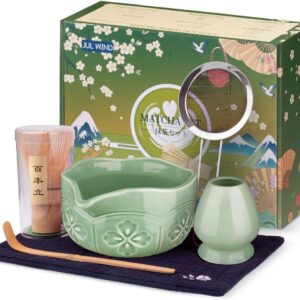 Matcha Whisk Set, Ceramic Matcha Set Includes Bowl & Holder, Bamboo Whisk (Chasen), Scoop, Spoon and Sifter, 6PCS Matcha Kit Covers Everything Needed for Making Matcha (Green)