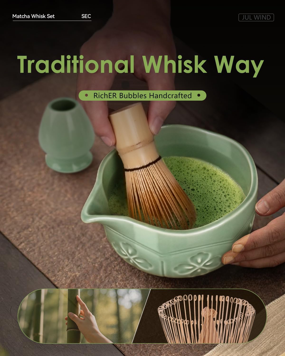 Matcha Whisk Set, Ceramic Matcha Set Includes Bowl & Holder, Bamboo Whisk (Chasen), Scoop, Spoon and Sifter, 6PCS Matcha Kit Covers Everything Needed for Making Matcha (Green) - Image 5