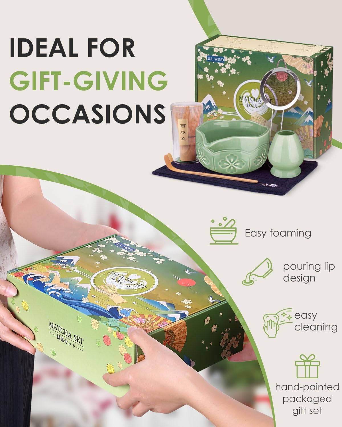 Matcha Whisk Set, Ceramic Matcha Set Includes Bowl & Holder, Bamboo Whisk (Chasen), Scoop, Spoon and Sifter, 6PCS Matcha Kit Covers Everything Needed for Making Matcha (Green) - Image 7