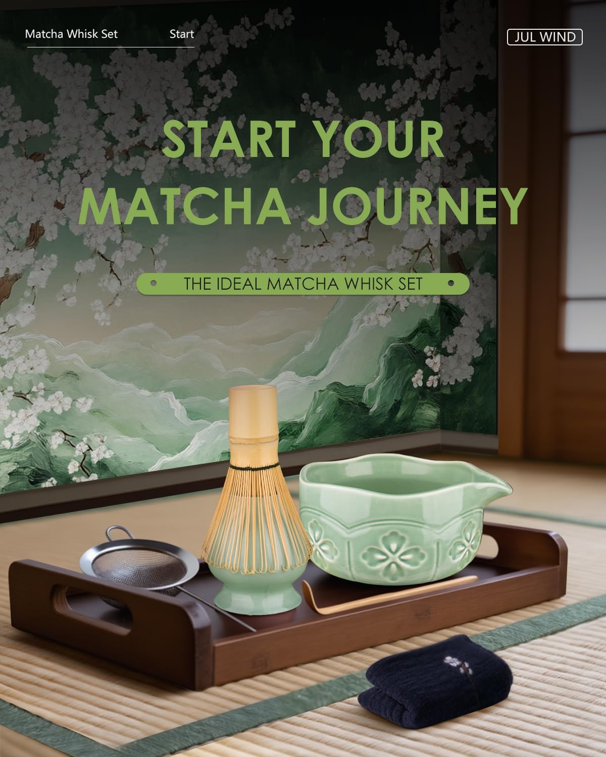Matcha Whisk Set, Ceramic Matcha Bowl, Bamboo Whisk, Scoop, Sifter, Holder, Tea Towel - 6 Pcs Matcha Kit Gift for Matcha Lovers Beginners (Green) - Image 3
