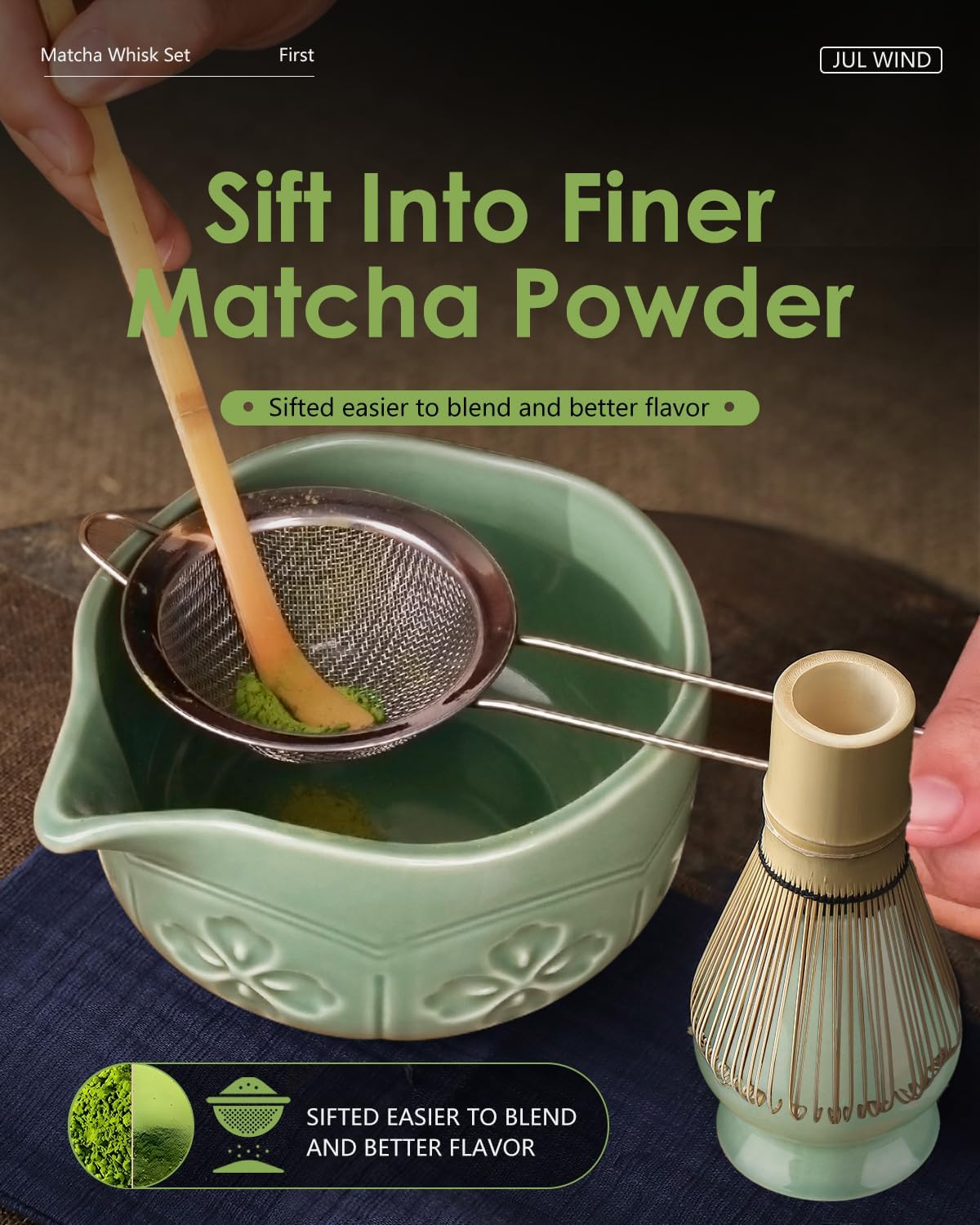 Matcha Whisk Set, Ceramic Matcha Bowl, Bamboo Whisk, Scoop, Sifter, Holder, Tea Towel - 6 Pcs Matcha Kit Gift for Matcha Lovers Beginners (Green) - Image 4