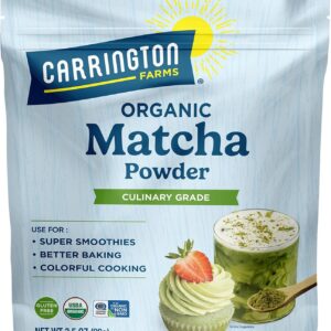 Carrington Farms Organic Matcha Powder – Finely Milled Japanese Green Tea Leaves – Bold & Rich Flavor, Antioxidant Energy Booster, Low Calorie, No Sugar – For Sweet & Savory Recipes – 3.5 oz Bag