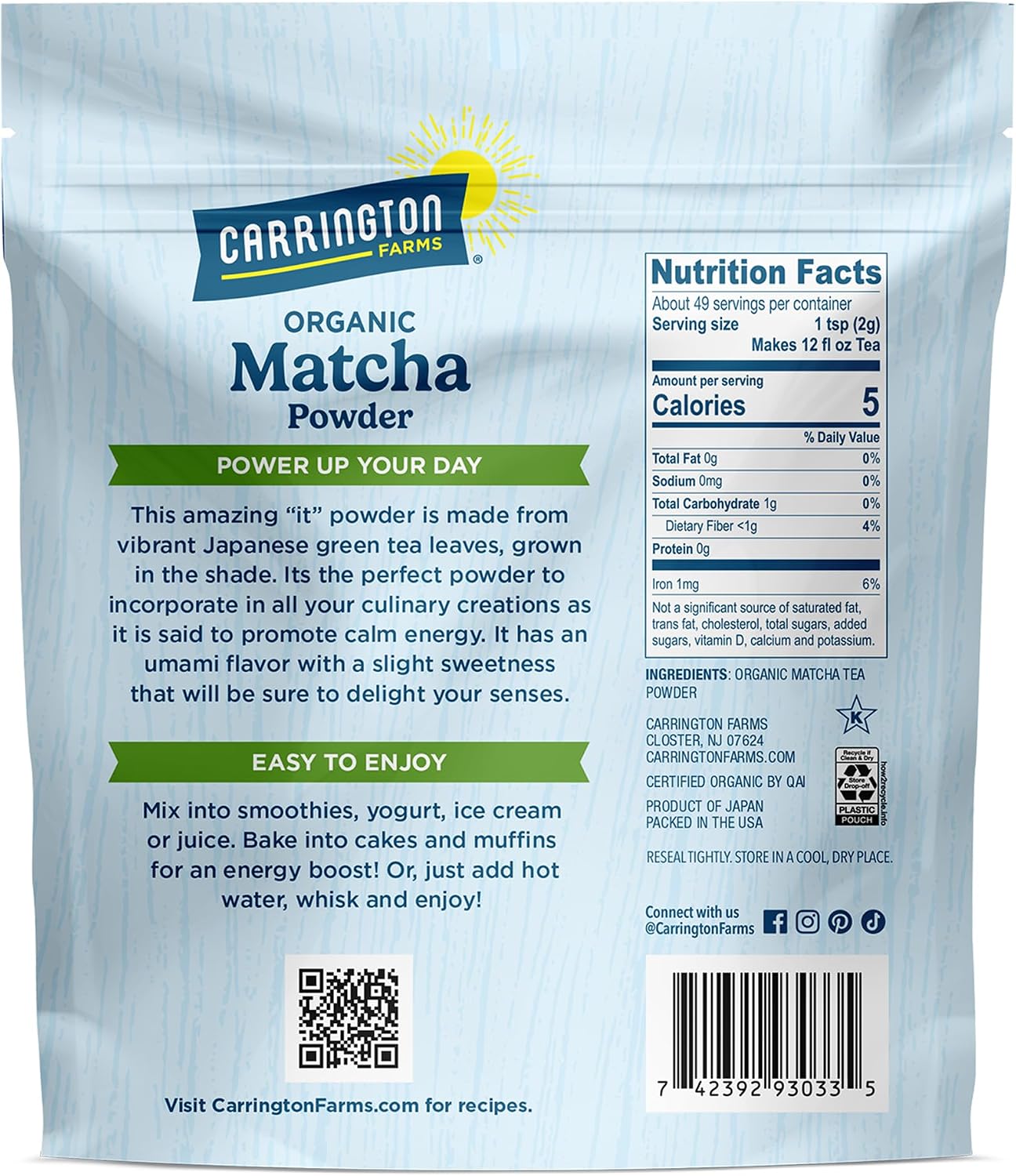 Carrington Farms Organic Matcha Powder – Finely Milled Japanese Green Tea Leaves – Bold & Rich Flavor, Antioxidant Energy Booster, Low Calorie, No Sugar – For Sweet & Savory Recipes – 3.5 oz Bag - Image 2